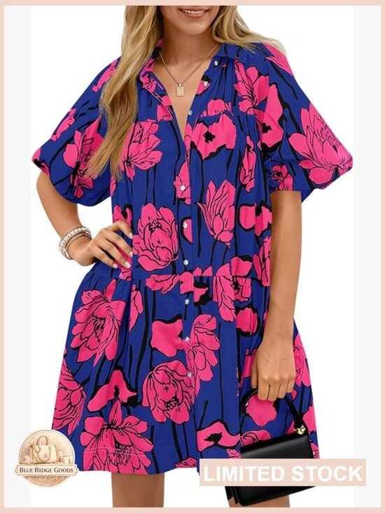 Dresses & Skirts - Floral Button Down Shirt Dress Puff Sleeve Loose Fit Mini Casual Boho Summer